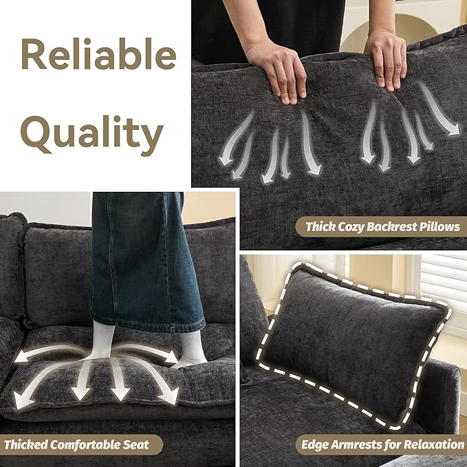 76'' Cloud Deep Seat Loveseat Sofa, Upholstered Chenille Modular 3-Seats Sectional Sofa Couch with Movable Ottoman, Modern Comfy Settee Loveseat for Living Room Set, Small Apartment, Dark Grey