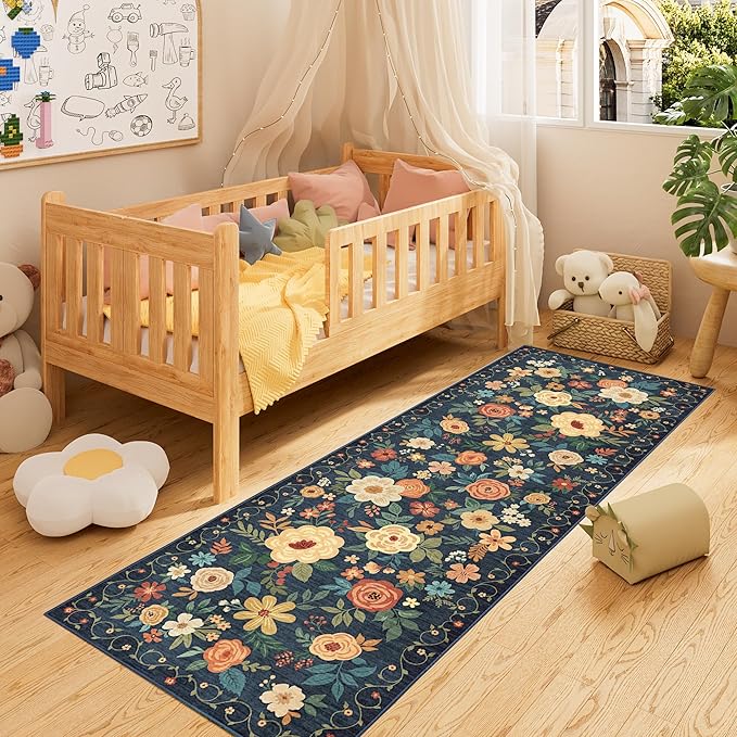 DUKINO Runner Rug, 2.6x8 Kitchen Rug for Hallway with Non Slip Backing, Washable Low Pile Soft Boho Floral Runner Carpet for Hallway, Kitchen, Entryway, Laundry, Bedroom, Dark Blue