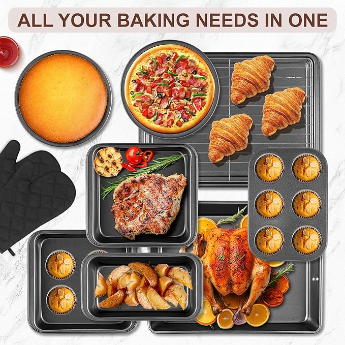 12PCS Nonstick Baking Pans Set - Stackable Bakeware Sets with Wider Grip, Carbon Steel Baking Set Including Cookie Sheets for Baking, Muffin Pan, Loaf Pan, Cake pan, Roasting Pan, Oven Mitts