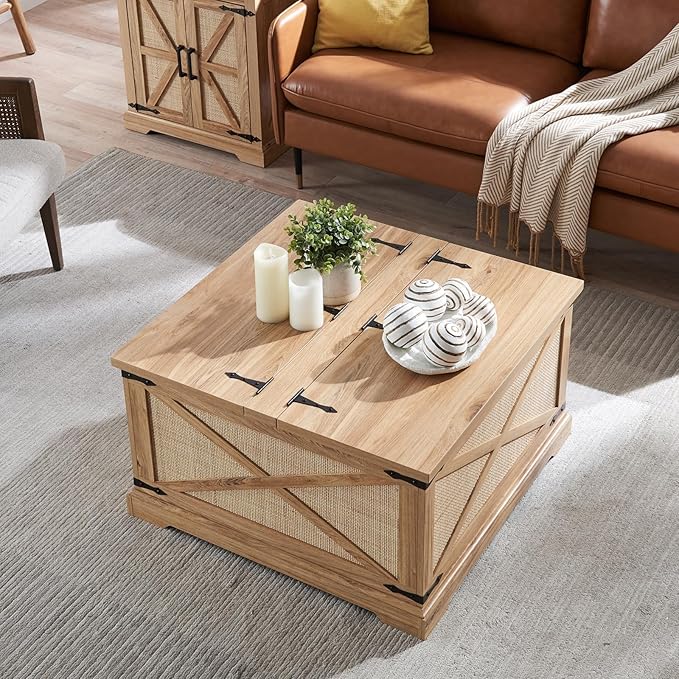 Farmhouse Square Coffee Table with Storage, Wood Center Table with Hinged Lift Top, Rustic Cocktail Table with Large Hidden Storage Compartment for Living Room, Bedroom,Natural,Rattan
