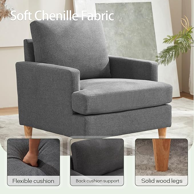 VKNOW Mid-Century Accent Chairs Set fo 2, Modern Upholstered Chenille Armchair for Living Room,Comfy Reading Accent Chairs with Wood Legs for Bedroom, Dark Grey Polyester