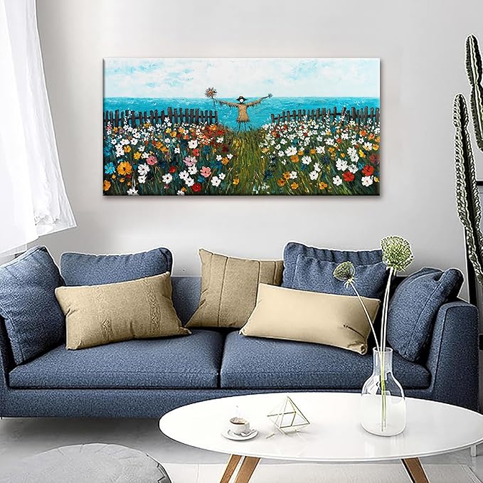 Tsomzxng Canvas Wall Art Decor Blue Sea Wall Decor Colorful Flowers Scarecrow Landscape Print Painting Artwork Picture For Bedroom Apartment Bathroom 20x40 Inch