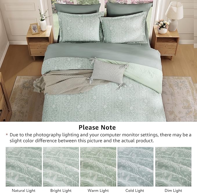Queen Comforter Set -7 Pieces Green Floral Comforter Set for All Seasons, Bed in a Bag Queen with Botanical Flowers Comforter, Sheets, Pillowcases & Shams