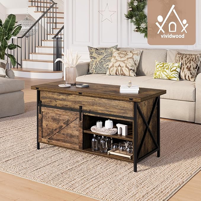Lift Top Coffee Table with Storage and Sliding Door, 4 in 1 Multi-Function Convertible Tea Table with Hidden Compartment, Farmhouse Center Table with Wood Lift Tabletop for Living Room Brown