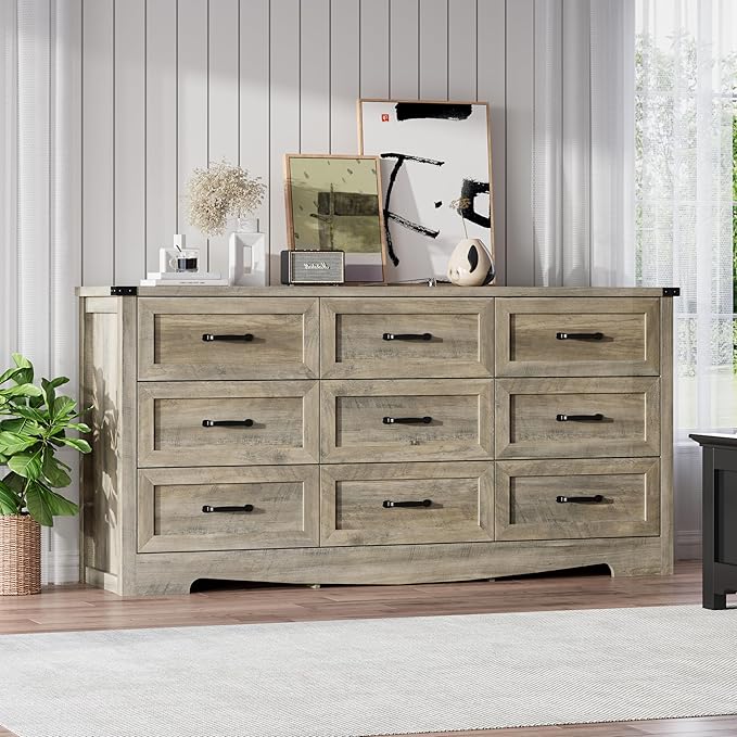 Dresser for Bedroom, 59'' Wide Chest of Drawers with Natural Wood Texture, 9 Drawer Dresser for Closet with Metal Handles, Sleek Storage Solution for Living Room, Office, Hallway, Grey