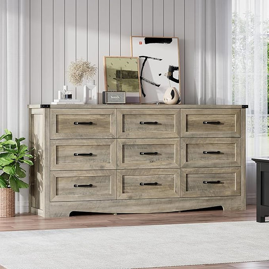 Dresser for Bedroom, 59'' Wide Chest of Drawers with Natural Wood Texture, 9 Drawer Dresser for Closet with Metal Handles, Sleek Storage Solution for Living Room, Office, Hallway, Grey