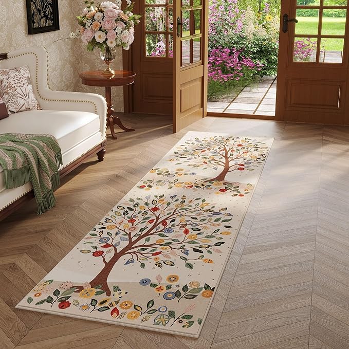 Runner Rug for Kitchen Rug Non Slip 2'x6' Washable Rugs Floral Tree with Rubber Backing Bohemian Soft Carpet Runner for Kitchen, Laundry, Bedroom, Bathroom, Beige