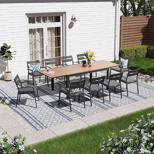 SUNSITT 11-Piece Outdoor Patio Dining Set, 63" - 105" Aluminum Expandable Outdoor Dining Table Set for 10, 10 Stackable Chairs with Gray Removable Cushions