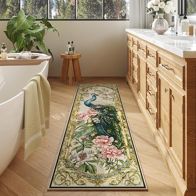 Runner Rug for Kitchen 2'6"x8' Washable Rugs with Rubber Backing Soft Floral Peacock Floral Animal Carpet Runner for Kitchen, Laundry, Bedroom, Bathroom (Beige)