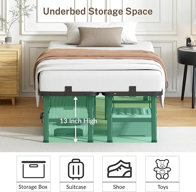 14 Inch Twin Metal Bed Frame Folding Bed Frame Tool-Free Assembly Mattress Foundation No Box Spring Needed Platform 2500lbs Heavy Duty Steel Slats, Noise-Free, Easy Assembly, Black