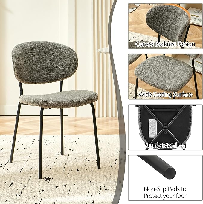 3-Pieces Kitchen Dining Table Set for 2, Grey Round Table MDF with 4 Metal Hooks for Hanging, Modern Dining Table Set with 2 Seated Grey Boucle Dining Chairs for Living Room, Apartment