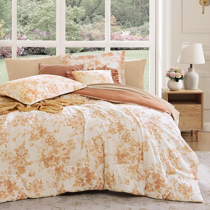 Full Comforter Set -7 Pieces Autumn Leaf Floral Comforter Set for All Seasons, Bed in a Bag Full with Botanical Flowers Comforter, Sheets, Pillowcases & Shams