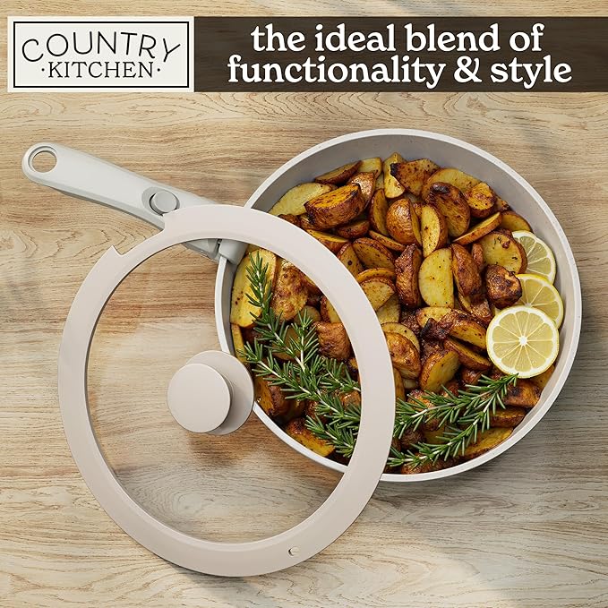 Country Kitchen Cookware Set with Removable Handle, Oven & RV Safe Pots and Pans Set, Cream Rhombus, Original