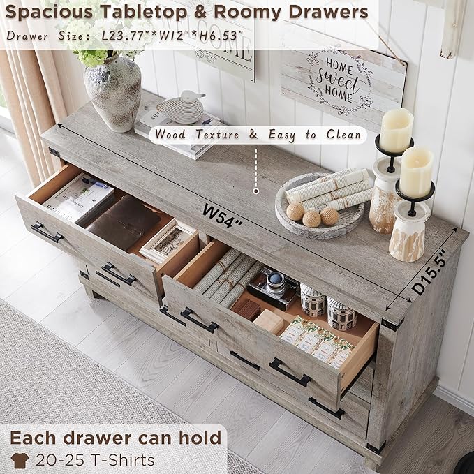 Farmhouse 6 Drawers Dresser for Bedroom, Large Chest of Drawers with Thick Plank Styling, Wood Rustic Closet Dresser for Bedroom, Living Room, Light Rustic Oak Color