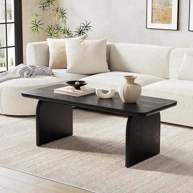 LITTLE TREE Farmhouse Coffee Table, 47 Inches Wooden Center Tables with Rounded Corners, Rectangular Living Room Tables, Modern Low Cocktail Tea Furniture for Living Room (Black)