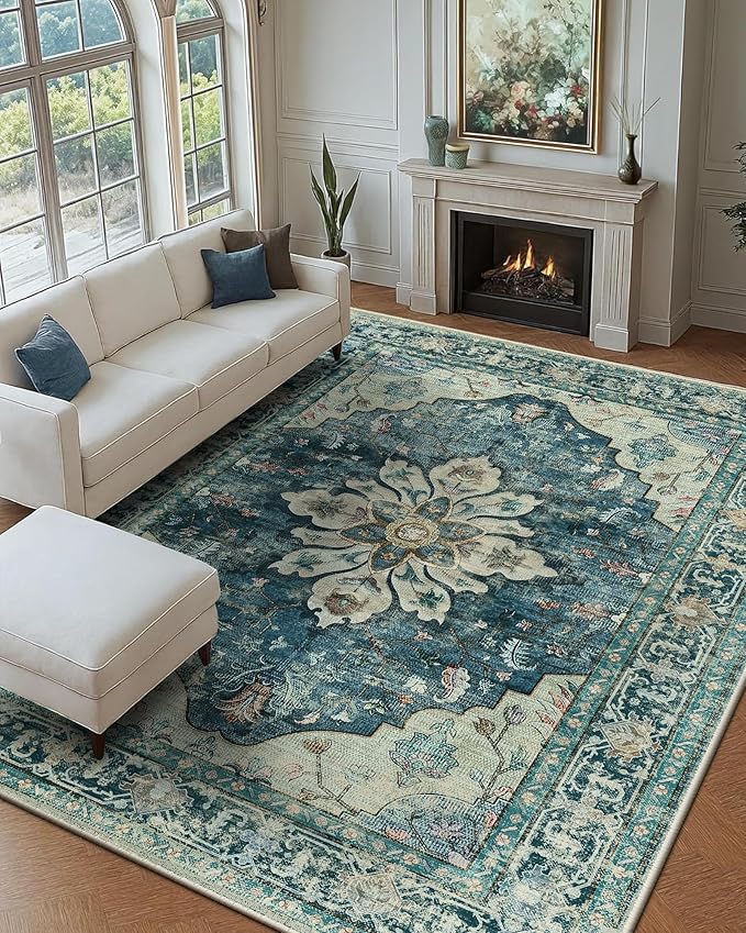 Area Rugs 6'x9' Washable Non-Slip, Floral Vintage Distress Print Pattern Medallion Carpet for Living Room Bedroom Dining Room, Dark Blue Vintage