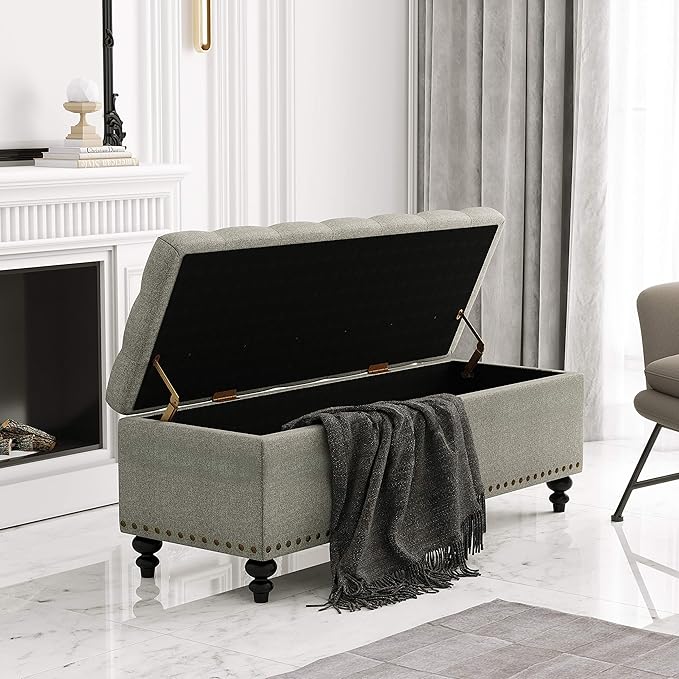 HUIMO Button-Tufted Ottoman with Storage in Upholstered Fabrics, Large Storage Bench for Bedroom, Living Room, Entryway, Bench with Safety Hinge Hold Up to 300lbs (Grey-Rivets)