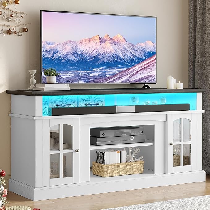 YITAHOME LED Farmhouse TV Stand for 65 Inch w/Outlets, Modern Entertainment Center with Glass Doors and Adjustable Storage Shelves, Media Console TV Cabinet for for Living Room, White/Black