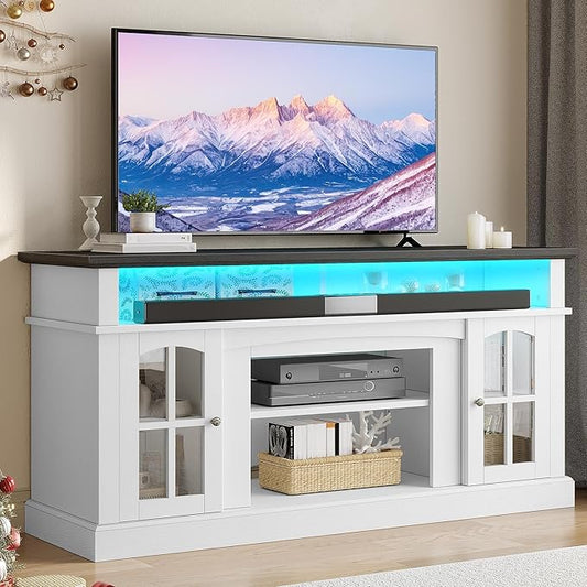 YITAHOME LED Farmhouse TV Stand for 65 Inch w/Outlets, Modern Entertainment Center with Glass Doors and Adjustable Storage Shelves, Media Console TV Cabinet for for Living Room, White/Black