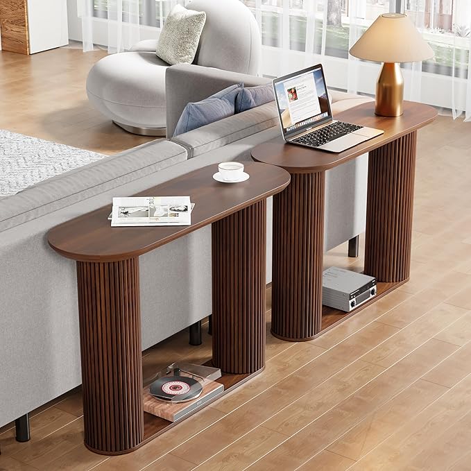 Fluted Console Table, Farmhouse Oval Curved Entryway Table with Storage and Fluted Wood Legs, Narrow Small Long Entry Sofa Table for Entrance, Hallway, Living Room (Walnut)