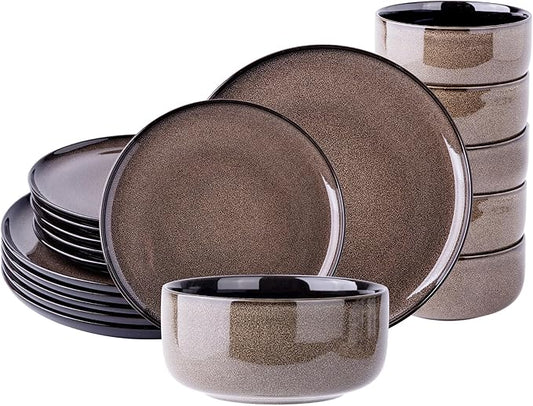 LeRatio Ceramic Dinnerware Sets for 6,Poreclain Plates and Bowls Sets,Handmade Reactive Glaze Dishes Set,Chip Resistant and Scratch Resistant | Oven&Dishwasher & Microwave Safe-Chestnut(18PCS)
