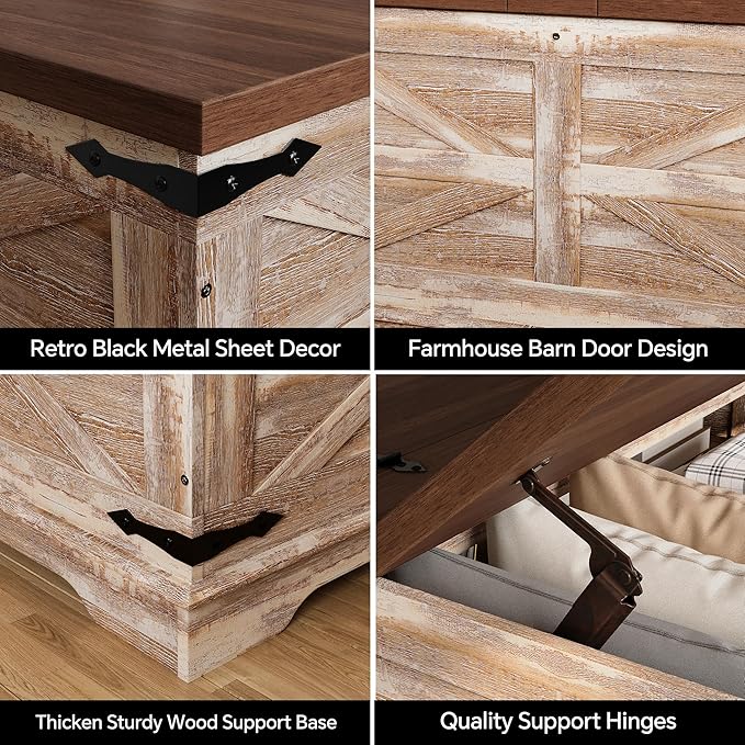 Farmhouse Coffee Table, Heavy-Duty Coffee Table with Storage, Square Wood Center Table Set for Living Room with Pull Up Large Hidden Storage Compartment,Rustic Brown