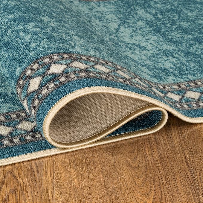 Antep Rugs Alfombras Modern Bordered 2x7 Non-Skid (Non-Slip) Low Profile Pile Rubber Backing Indoor Area Runner Rugs (Blue, 2' x 7')