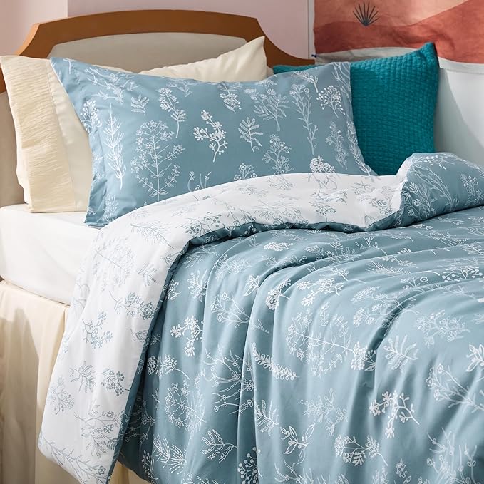 Bedsure Twin/Twin XL Comforter Set - Mineral Blue Bed Set, 2 Pieces Cute Floral Bedding, 1 Soft Reversible Botanical Flowers Comforter and 1 Pillow Sham