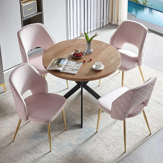 NORDICANA 5-Piece Dining Table Set for 4 - Space Saving 37-Inch Round Table and Chairs, 4 Seaters Dining Set with Upholstered Dining Chairs (Light Pink)