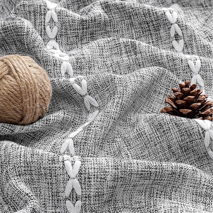 MitoVilla Dark Grey Farmhouse Shower Curtain Set 72 x 78, Boho 78 inch Long Polyester Linen Tassel Fabric Shower Curtain Set for Chic Cottagecore French Rustic Bathroom Decor, Charcoal Grey