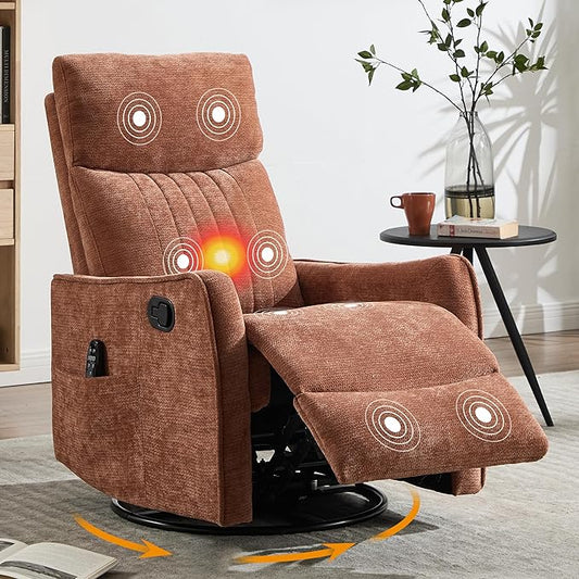 Manual Swivel Rocker Recliner Chair for Adults, Overstuffed Recliner Glider with Massage and Heat, Living Room Reclining Chair, Fabric Orange