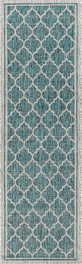 Eyely BMS109E-210 Santa Monica Trebol Moroccan Trellis Textured Weave Indoor/Outdoor Runner Rug Coastal;Bohemian, Bedroom, Backyard, Patio, Easy-Cleaning, Non-Shedding, 2 X 10, Teal/Gray