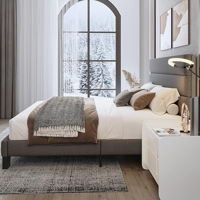 WEEWAY Full Size Bed Frame Platform Bed with Linen Fabric Upholstered Headboard and Wooden Slats Support, Heavy Duty Mattress Foundation, No Box Spring Needed, Easy Assembly, Dark Grey