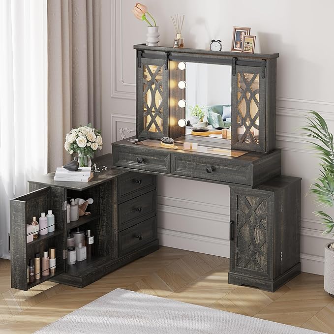 Farmhouse Makeup Vanity with Mirror & Lights, Large Vanity Desk with 5 Drawers & 9 Storage Shelves, Dressing Table with Jewelry Armoire, Vanity Gifts for Wife Girlfriends Women/Lady Girl (Brown)
