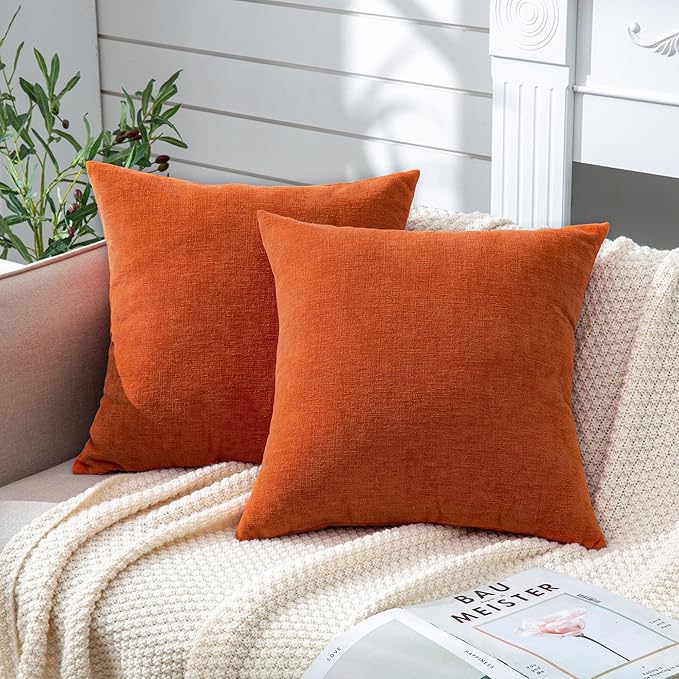 GAWAMAY Decorative Square Throw Pillow Covers 18"x18" Inch Set of 2, Super Soft Chenille Pillows Farmhouse Fall Pillowcase for Living Room Bedroom Sofa Couch Cushion Cover Burnt Orange 45x45cm