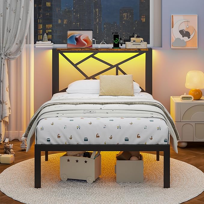 Twin Size Black Metal Bed Frame with USB Charging Station, LED Ambient Lighting, and Wooden Storage Headboard - Includes Under-Bed Storage, No Box Spring Needed, Noise Free, Easy Assembly