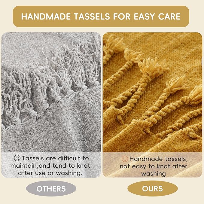 BATTILO HOME Mustard Yellow Throw Blanket for Couch Bed Sofa, Yellow Gold Chenille Throw for Spring Summer, Lightweight Knit Blanket for Home Decor, 50"x60"