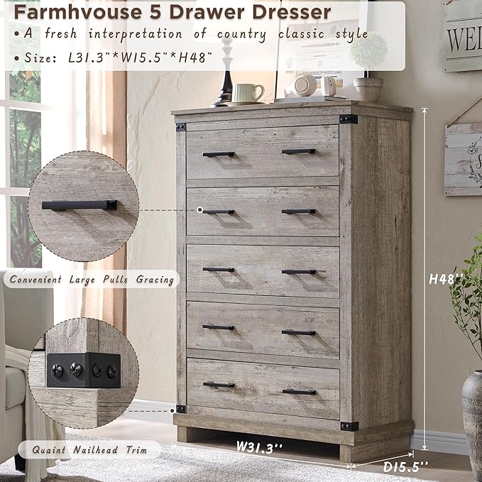 Farmhouse 5 Drawers Dresser for Bedroom, Tall Chest of Drawers with Thick Plank Styling, Wood Rustic Closet Dresser for Bedroom, Living Room, Light Rustic Oak Color