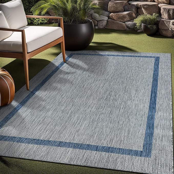 Bordered Outdoor Rug 6x9 Washable Outside Carpet for Indoor Patio Porch Waterproof Easy Cleaning Non Shedding Area Rugs Silver Gray - Blue 6 x 9