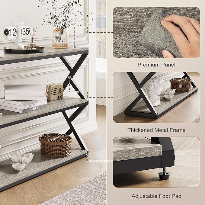 Industrial 3-Tier Console Table, Rustic Long Entryway Sofa Table with Storage Shelves, Light Gray TV Stand for Living Room & Hallway, Modern Farmhouse Decor (47.2 inch)