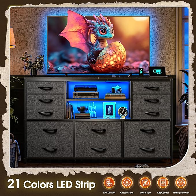 TV Stand with 12 Fabric Drawers for 55 inch TV, Entertainment Center with Charging Station & LED Lights, TV Media Console Table with 2 Open Storage Shelves for Living Room, Dorms, Wood Top, Grey