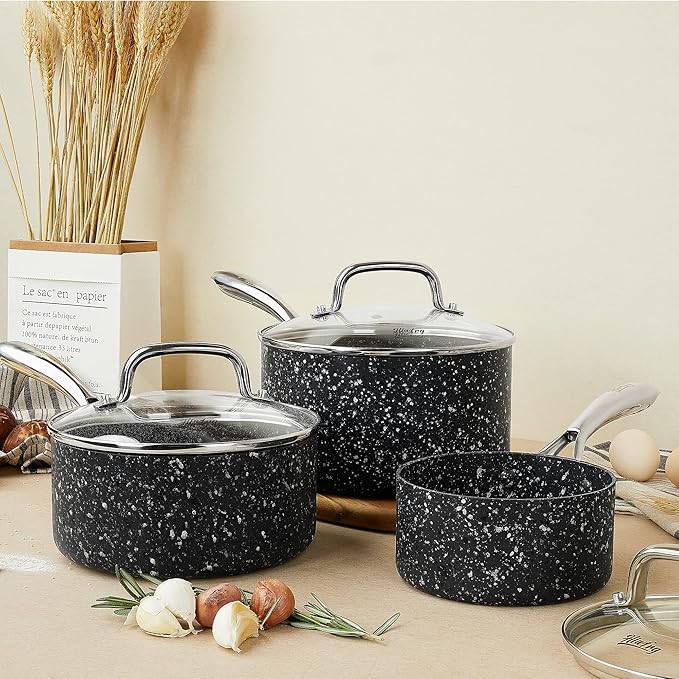 Nonstick Premium 3-Piece Saucepan Set with Glass Lids, Natural Durable Granite Coating, Nonstick, Durable & Oven Safe to 450°F, 1&2&3QT, Black