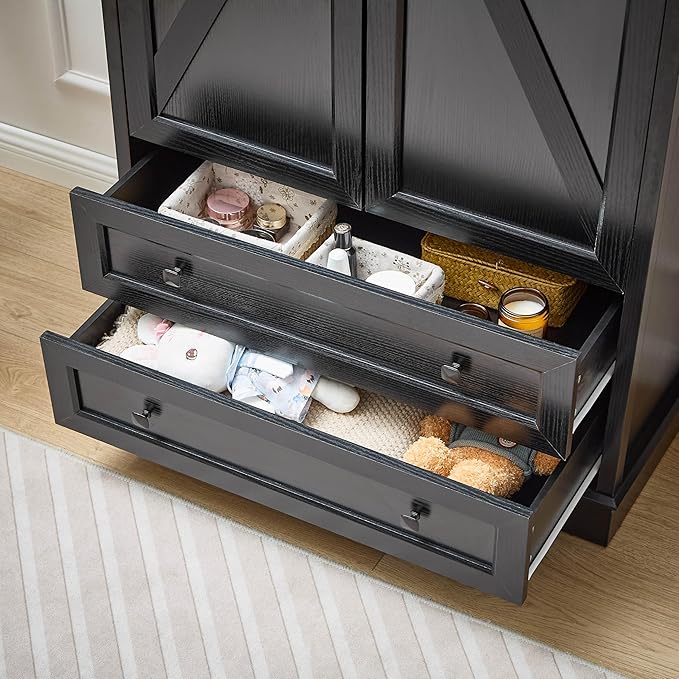 SOOWERY Dresser for Bedroom, Farmhouse Dresser with 2 Wooden Drawers and Storage Cabinets, 71 Inches Tall Chest of Drawers for Bedroom, Living Room, Hallway, Black