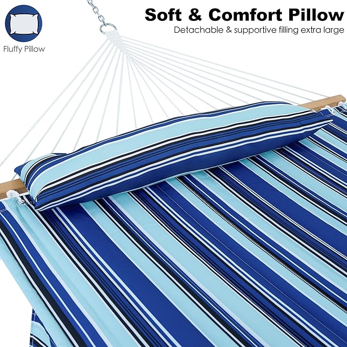 2 Person 12FT Hammocks for Outside, Double Quilted Fabric Outdoor Hammock with Spreader Bar, Large Removable Pillow, Storage Pockets, Carabiners, Max 475 lbs Capacity (Catalina Beach)