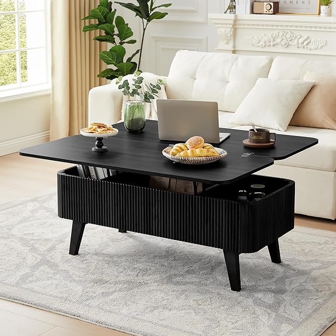 3 in 1 Lift Top Coffee Table, Fluted Convertible Coffee Tables Converts to Dining Tables, Modern Oval Wooden Center Table with Storage for Living Room Office Small Space, Partial Assembly (Black)
