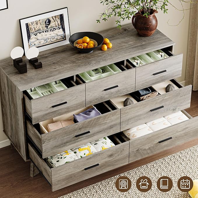 Dresser for Bedroom with 7-Drawer, 47.2" Wide Modern Chest of Drawers with Metal Handles, X-Shape Base & Adjustable Center Leg, Anti-Tip Closet Organizers and Storage