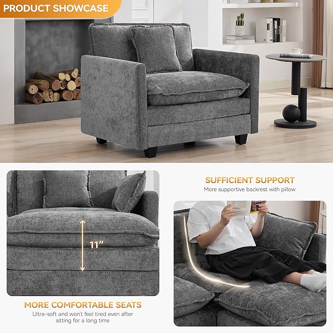 41'' Modern Chenille Oversized Chair, Upholstered Accent Living Room Chair with Extra Thicked Deep Seat, Single Lounge Chair for Bedroom, Small Apartment, Grey