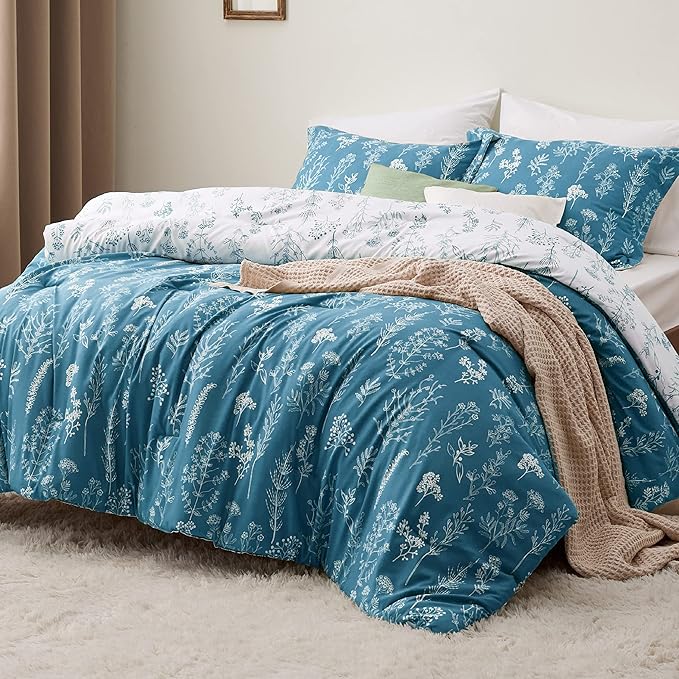 Bedsure Twin/Twin XL Comforter Set - Teal Blue Comforter, Cute Floral Bedding Comforter Sets, Gifts for Woman, 2 Pieces, 1 Soft Reversible Botanical Flowers Comforter and 1 Pillow Sham