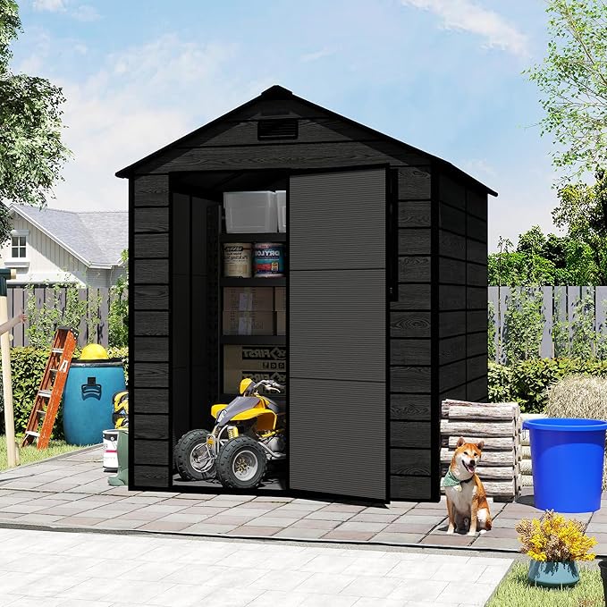 6x6 FT Outdoor Storage Resin Shed with Floor, Waterproof Plastic Garden Tool Shed with Windows, Vents & Lockable Door and Sloped Roof, Easy to Assemble Bike Shed for Patio, Backyard, Lawn, Black