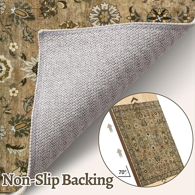 Floral Runner Rug 2x5 Washable for Hallway, Non-Slip Vintage Boho for Entryway Indoor, Brown Print Carpet Runner, Soft Low Pile Long Rug for Kitchen Bedroom